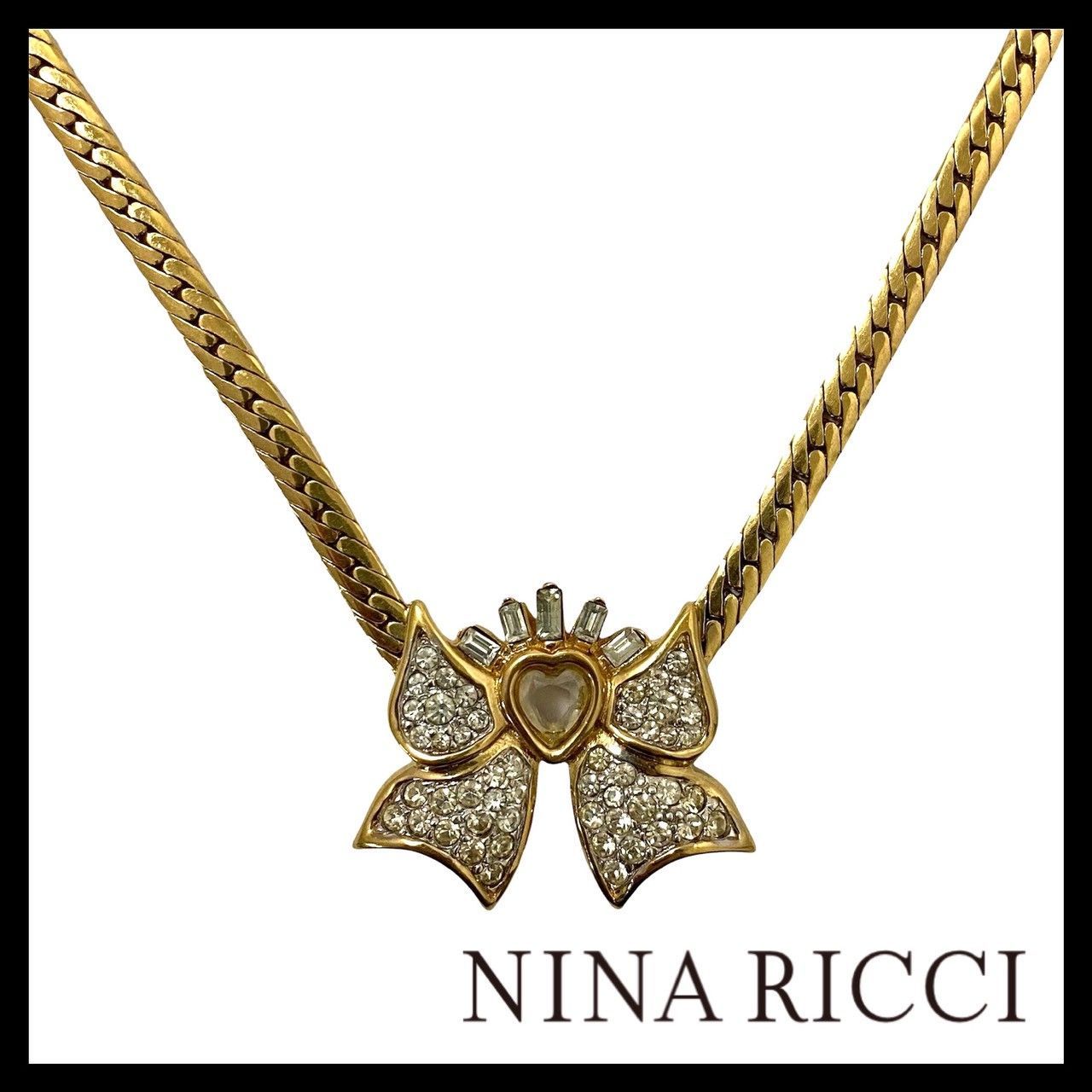 U【NINA RICCI】リボン ハート ラインストーン ネックレス ゴールド/金 