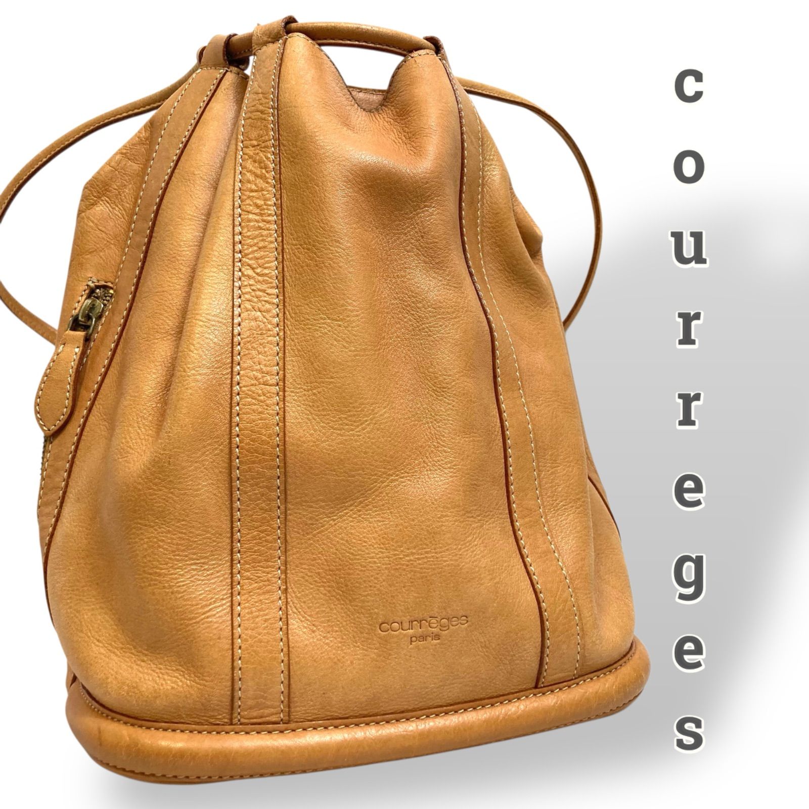 美品】courreges クレージュ リュック バッグパック 巾着型 オレンジ系 