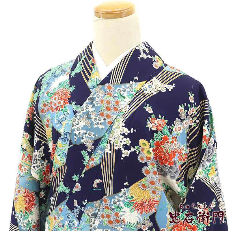 小紋 小紋着物 袷 レディース 正絹 紺 扇文 菊 牡丹 桜 身丈157.5cm 裄