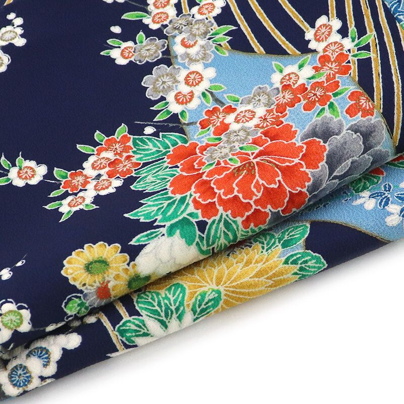 小紋 小紋着物 袷 レディース 正絹 紺 扇文 菊 牡丹 桜 身丈157.5cm 裄