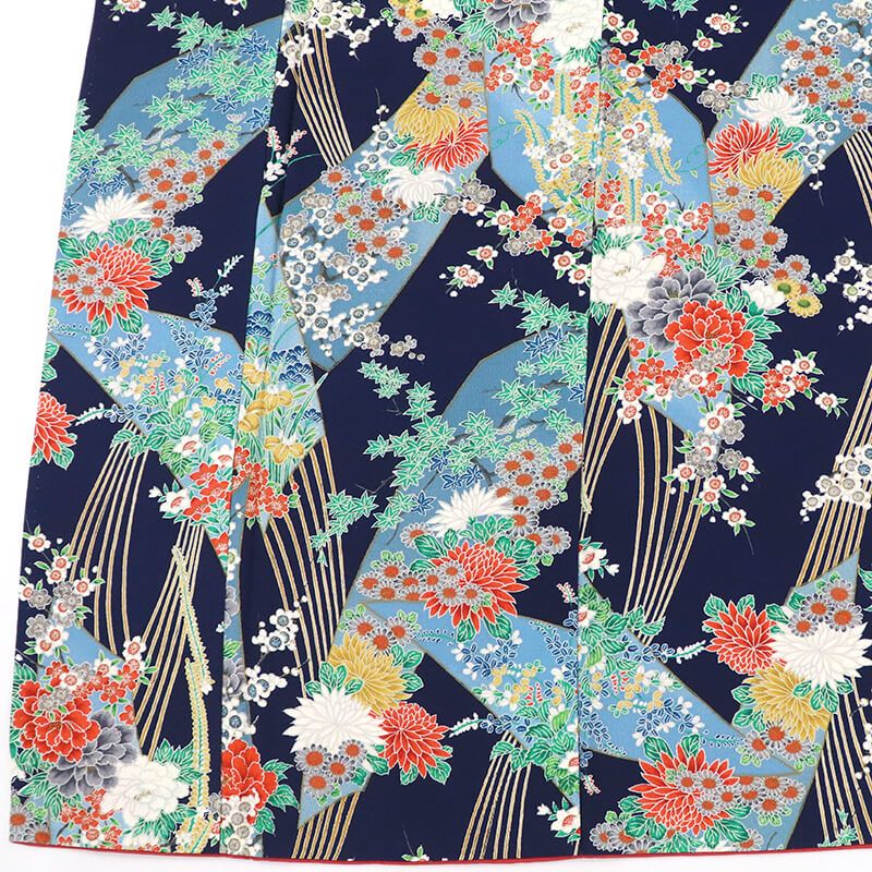 小紋 小紋着物 袷 レディース 正絹 紺 扇文 菊 牡丹 桜 身丈157.5cm 裄