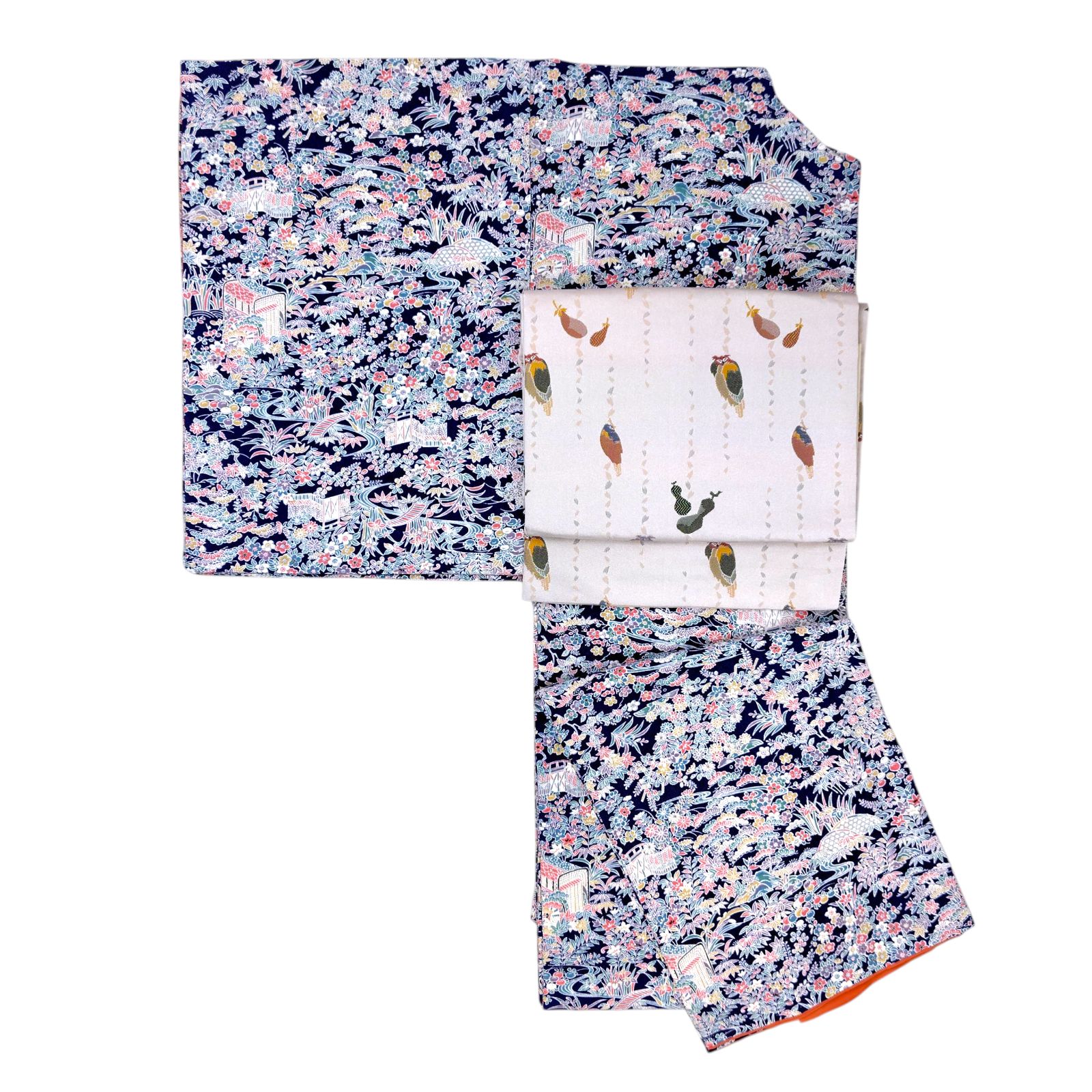 リユース着物 小紋 袷 正絹 縮緬 ちりめん 広衿 濃青 御所車 庭園 四季