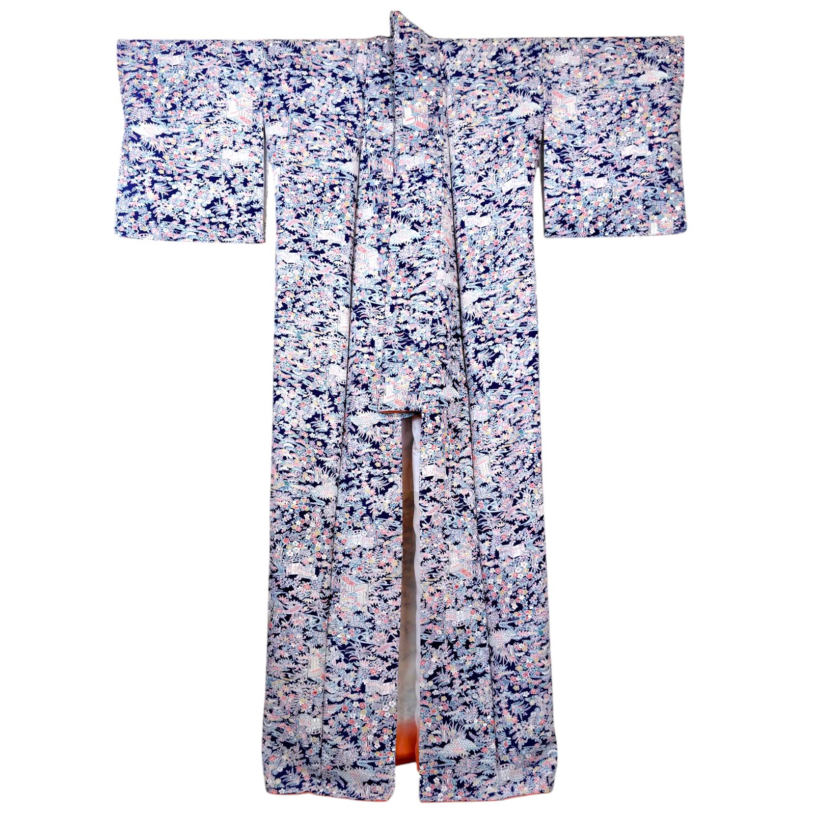 リユース着物 小紋 袷 正絹 縮緬 ちりめん 広衿 濃青 御所車 庭園 四季