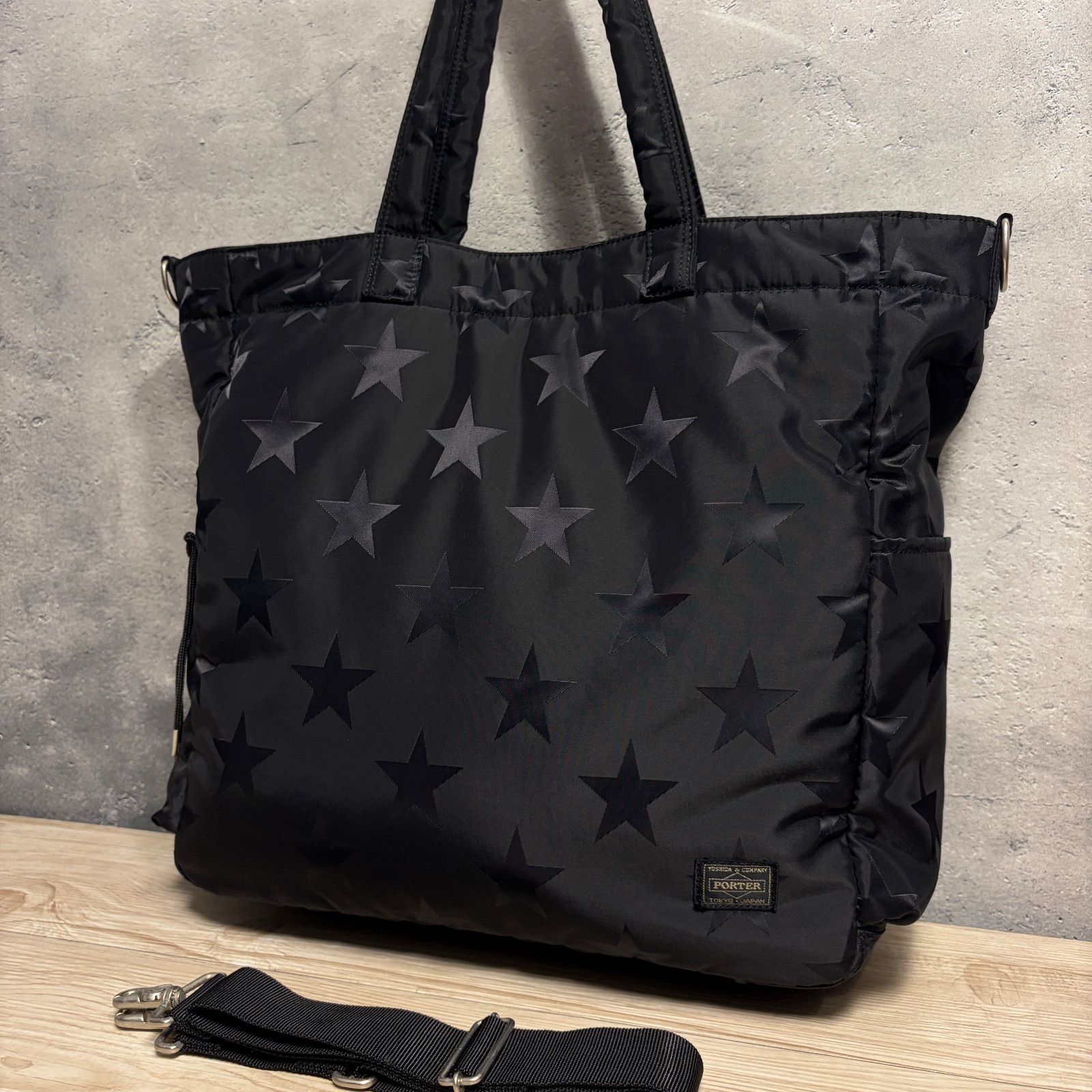 美品✨PORTER FLAG 星柄 2WAY トートバッグ ショルダー付 ブラック A4