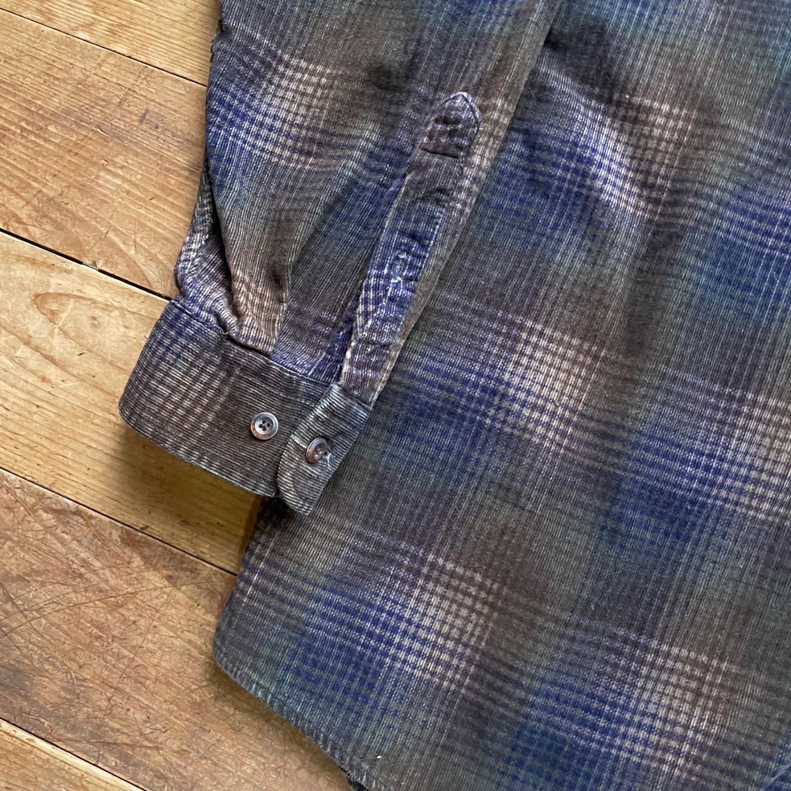 90's B･D BAGGIES Ombre Check no collar corduroy shirt. 古着　オンブレチェックシャツ　ノーカラー　コーデュロイ　ブラウン　ネイビー