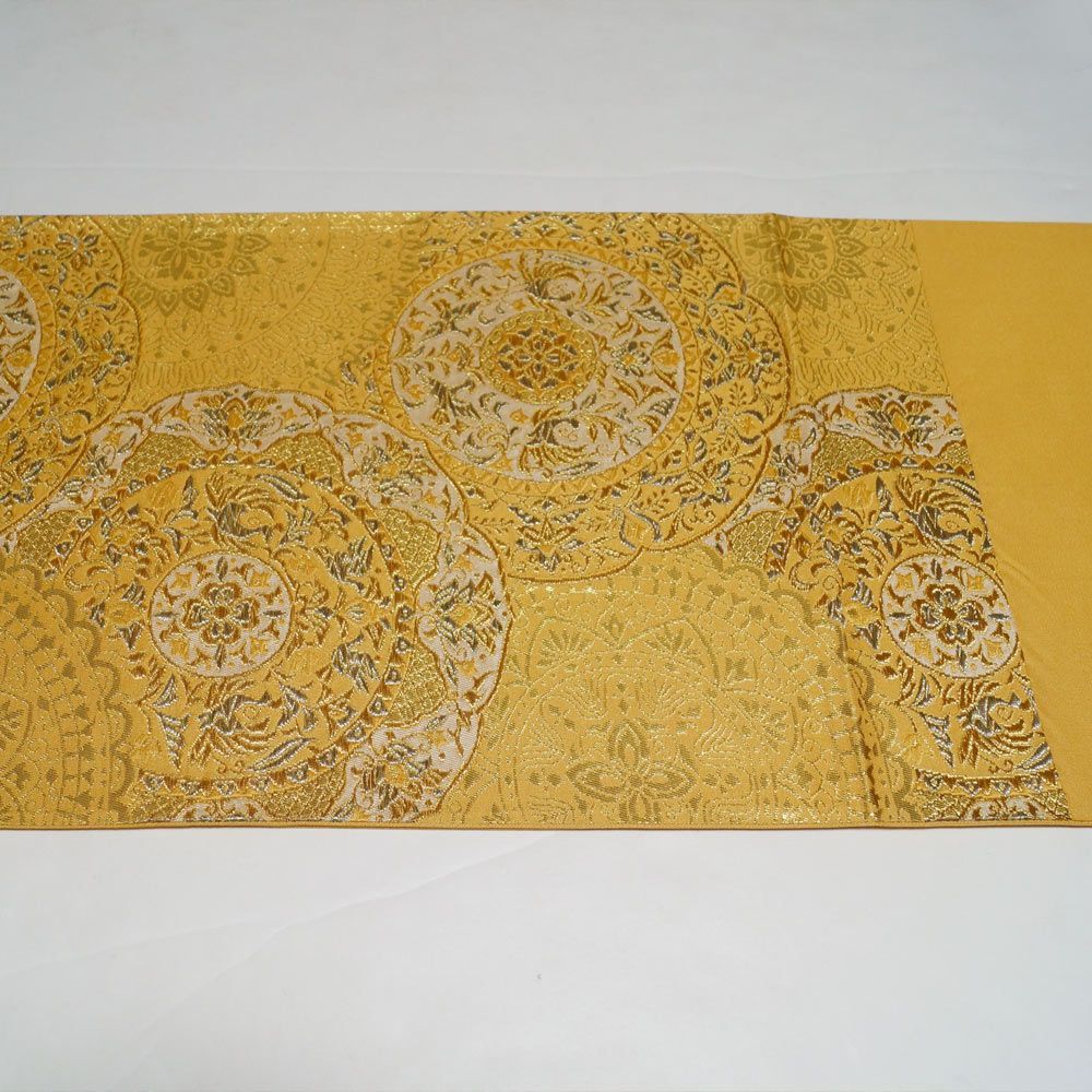 袋帯 鏡裏に華文・更紗模様 金糸 六通柄 ネープルスイエロー色系