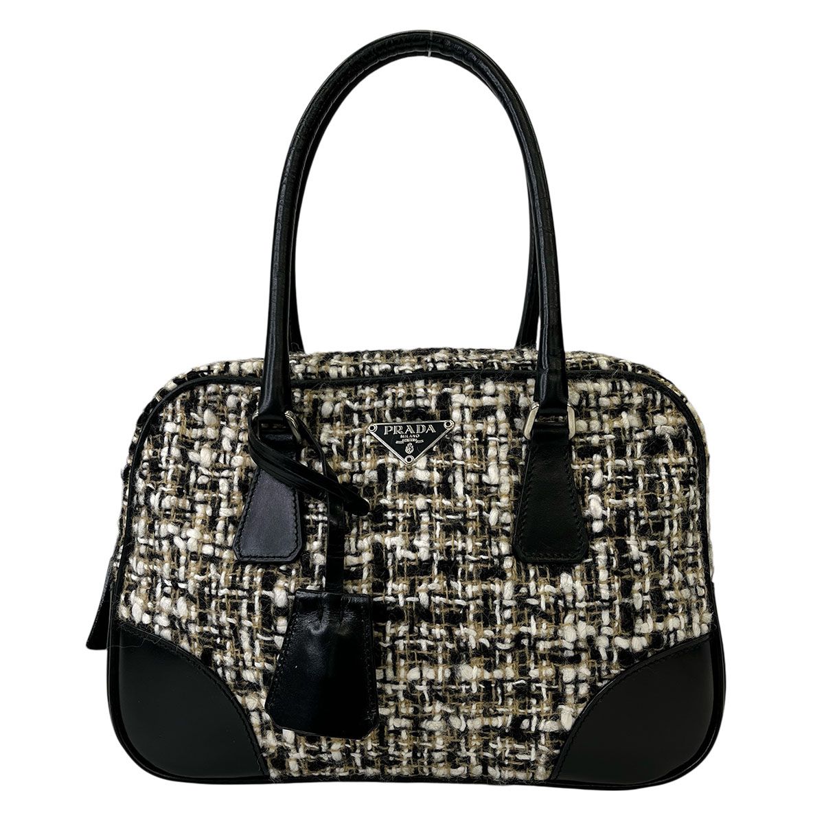 PRADA プラダ ツイード ハンドバッグ レディース レザー ブラック