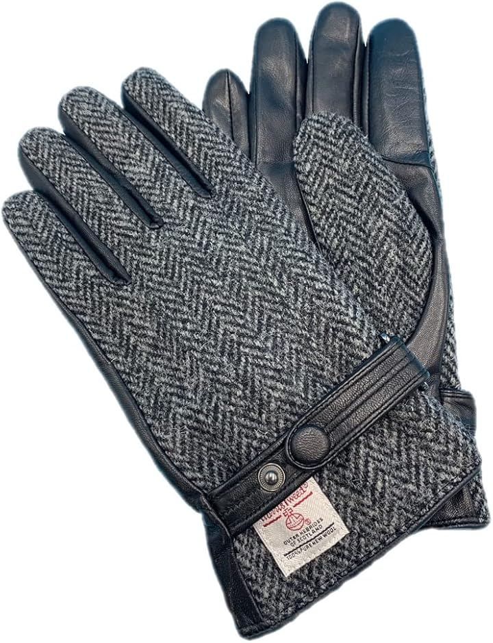nature et evoluer ハリスツイード HARRIS Tweed x羊革手袋 メンズ ベルト付 スマホ対応 裏ボア (チャコールへリンボン，  M)