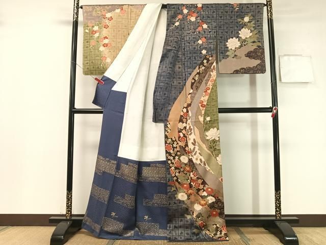 平和屋着物○英王室献上友禅作家 木下勝功 訪問着 駒刺繍 道長草花文
