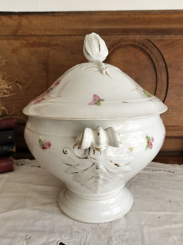 フランス アンティーク 絵付き 素敵な 蓋つき スーピエール 1900年 美