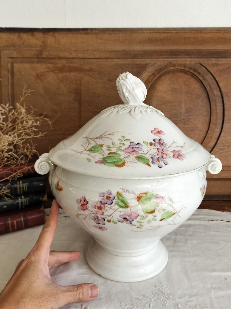 フランス アンティーク 絵付き 素敵な 蓋つき スーピエール 1900年 美