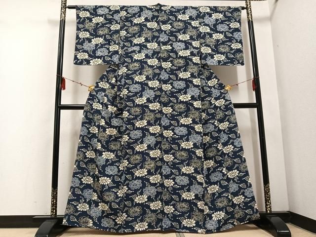 平和屋着物○上質な小紋 型染め 藍 牡丹 正絹 逸品 未使用 AABE7386ph
