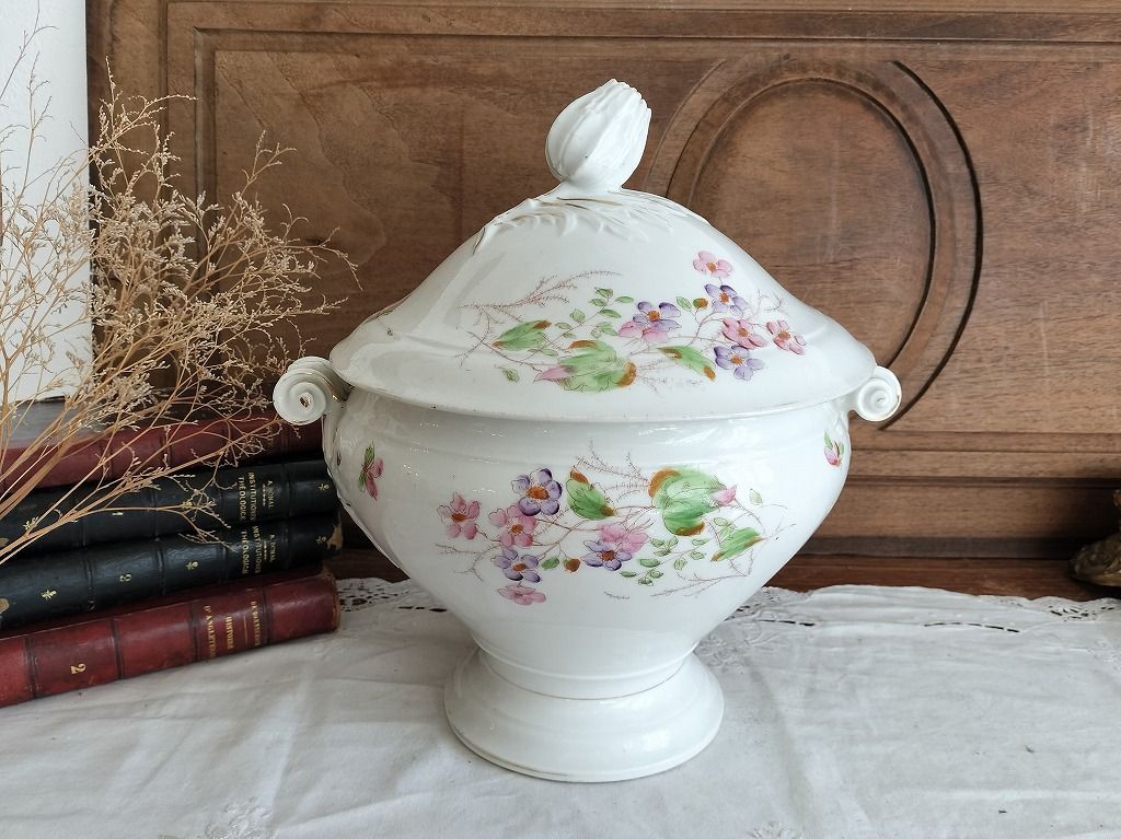フランス アンティーク 絵付き 素敵な 蓋つき スーピエール 1900年 美