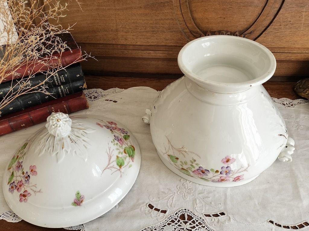 フランス アンティーク 絵付き 素敵な 蓋つき スーピエール 1900年 美