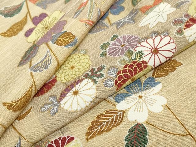 小紋　唐花　金彩　花模様　ベージュ　着物　124a d 袋帯 未着用 唐花模様 花模様 金糸 着物 054a p