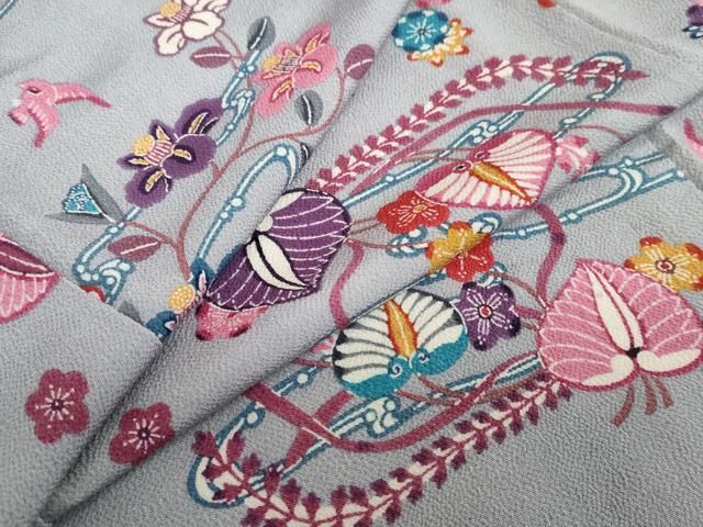 平和屋着物○上質な小紋 紅型 花鳥文 鬼しぼ縮緬 正絹 逸品 DABB0085ud