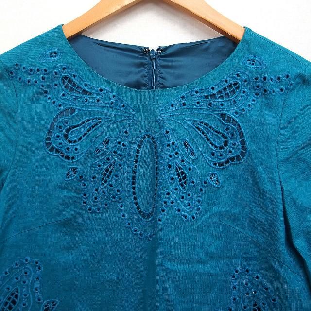 ANAYI テープ刺繍ワンピース 36 アナイ ANAYI 刺繍 ワンピース 7分袖 ひざ丈 リネン 麻 36 グリーン系