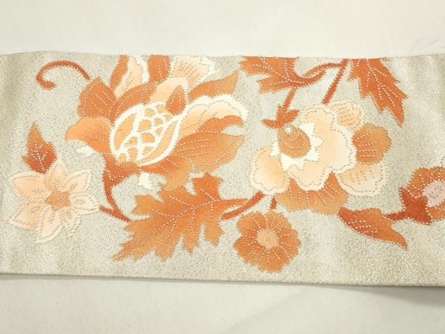 平和屋着物◎中国三大刺繍 相良刺繍 九寸名古屋帯 更紗花文 銀糸 正絹