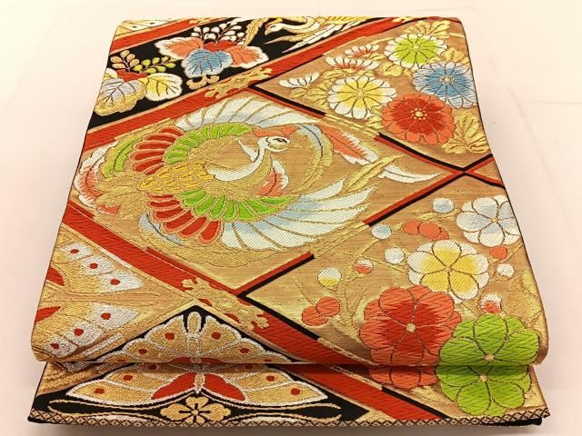 袋帯　華紋　鳳凰紋　唐花　花菱　金糸　銀糸　着物　093a p 唐織り 銀通し 華紋 鳳凰 袋帯 正絹 唐花 金糸 白 紫 赤 青緑 499