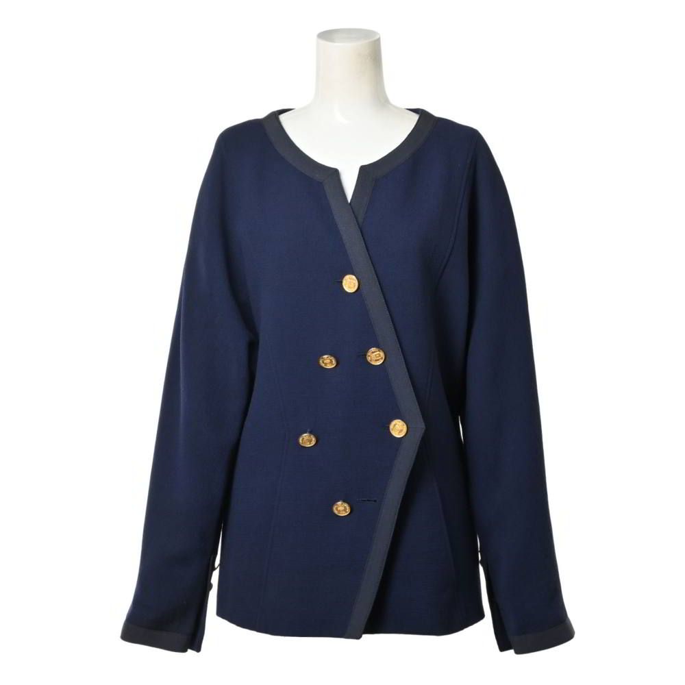 CHANEL ヴィンテージ ウール ノーカラー トリム ジャケット ココマーク