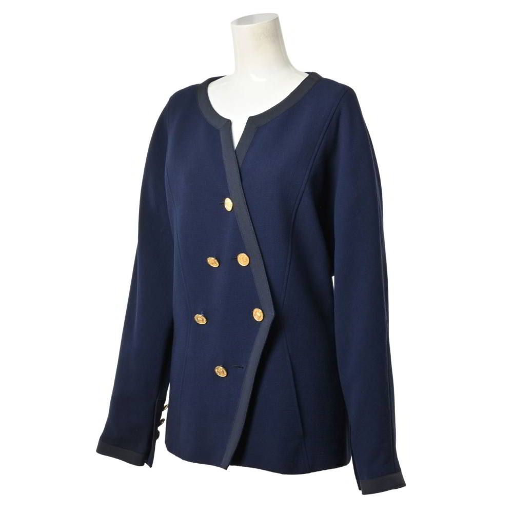 【ワイフ品】CHANELウール ココマークボタン ノーカラージャケット CHANEL ヴィンテージ ウール ノーカラー トリム ジャケット ココマーク