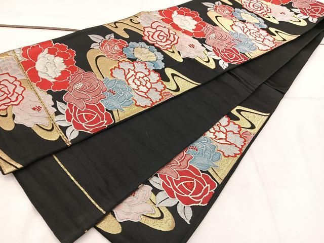 平和屋着物◎六通柄 京袋帯 流水花文 黒地 金銀糸 正絹 逸品