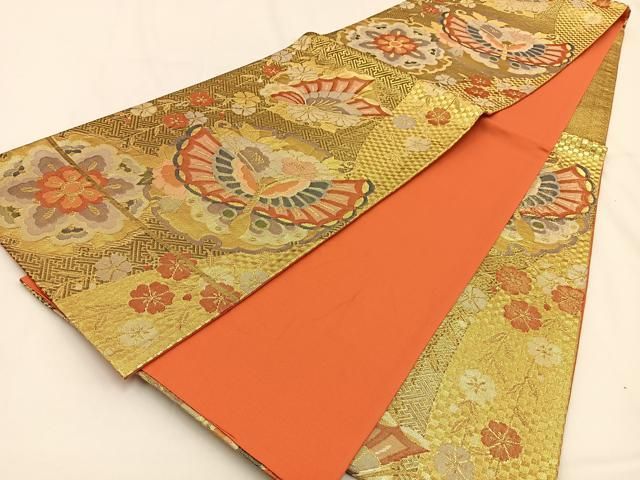 平和屋着物◎本佐賀錦 六通柄袋帯 雪輪花蝶文 金糸 正絹 逸品