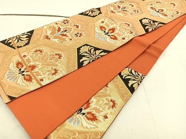 平和屋着物◎六通柄袋帯 唐織 亀甲更紗花文 金糸 正絹 逸品 BAAV9304mz