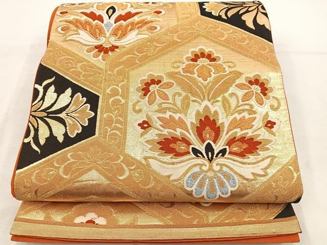 平和屋着物◎六通柄袋帯 唐織 亀甲更紗花文 金糸 正絹 逸品 BAAV9304mz