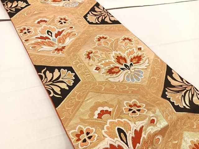 平和屋着物◎六通柄袋帯 唐織 亀甲更紗花文 金糸 正絹 逸品 BAAV9304mz