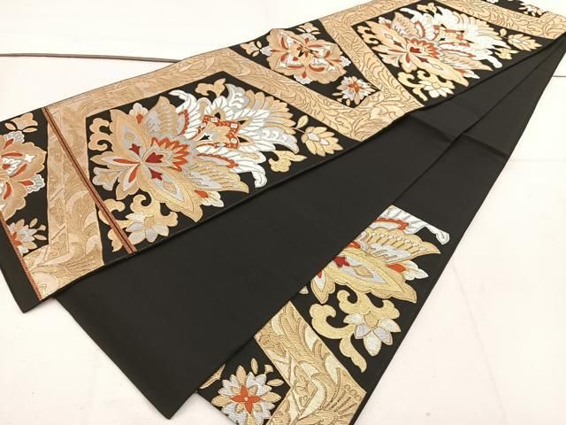 平和屋着物◎六通柄袋帯 更紗花文 黒地 金糸 BAAV9320mz - メルカリ