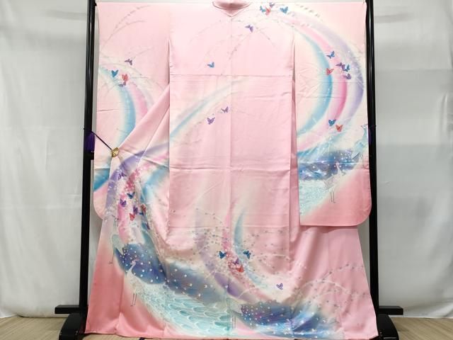 平和屋着物●豪華振袖　型染め　立波舞蝶枝垂れ花文　黒地　正絹　逸品　CABB4840vp 平和屋着物□豪華振袖 孔雀舞蝶花文 暈し染め 正絹 逸品 CABA7803fb