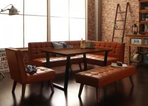 アメリカンヴィンテージ リビングダイニングセット 6人 5点セット テーブル ソファ1脚 アームソファ1脚 チェア1脚 ベンチ1脚 右アーム W 120