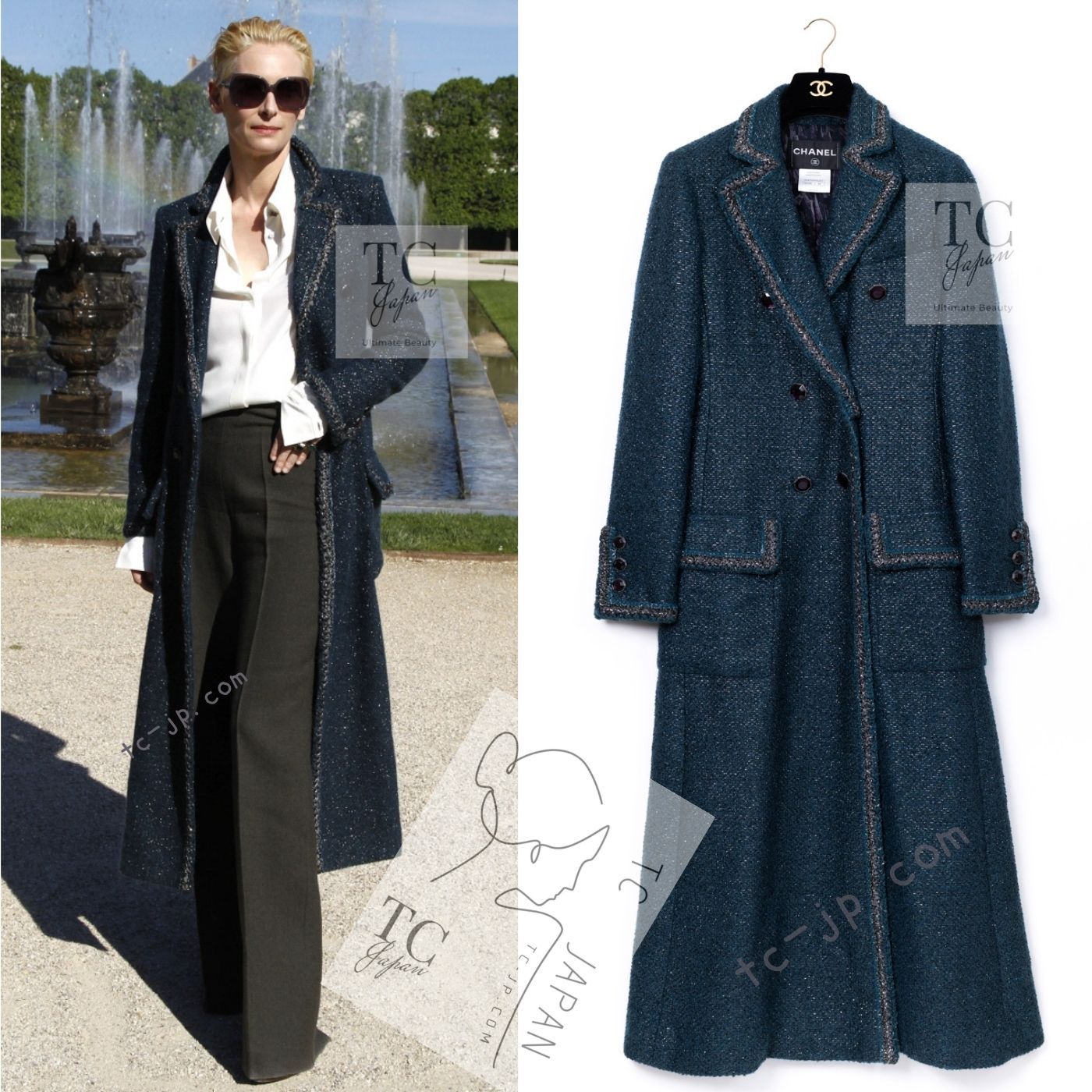 シャネル コート CHANEL エメラルド グリーン メタリック ツイード
