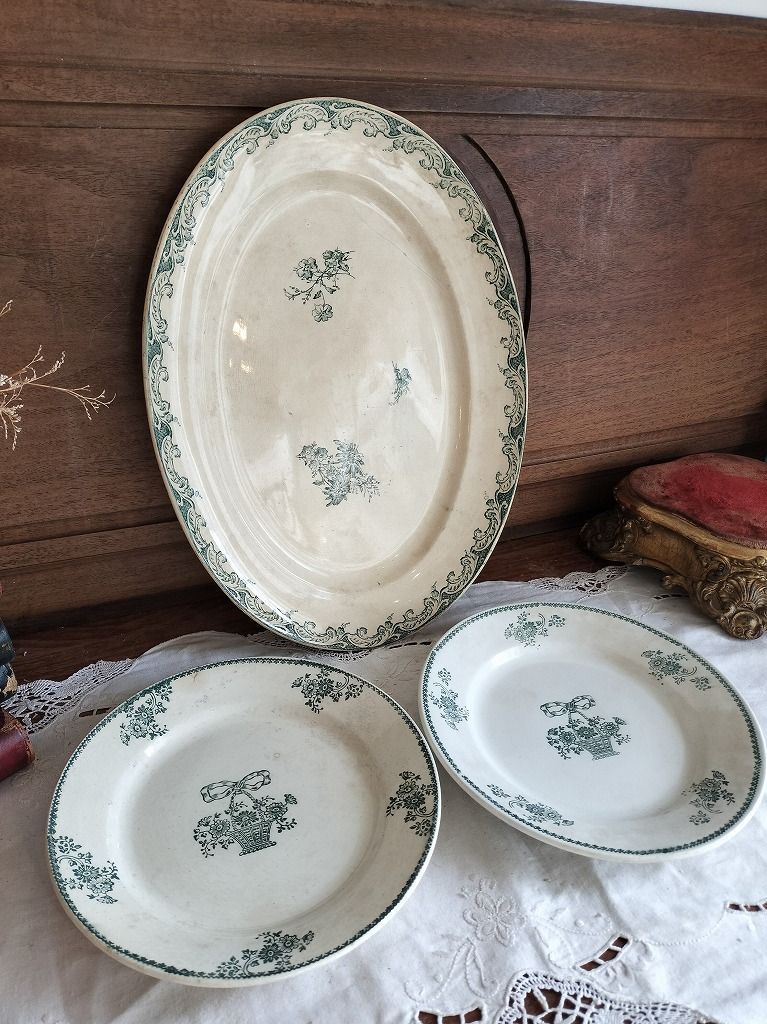 ☆フランス アンティーク 古い 絵付き オーバル 皿 1900年 2枚セット