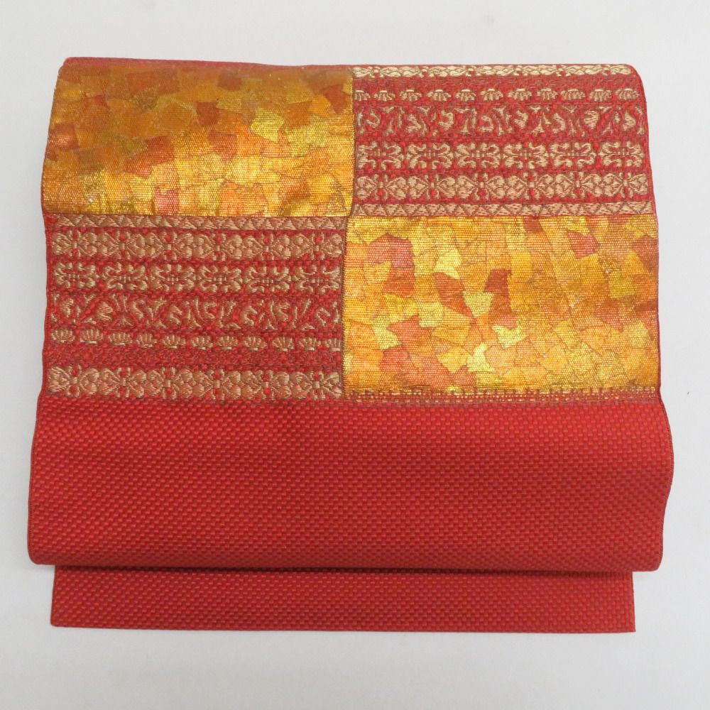 名古屋帯 八寸帯 オレンジ色x金色 金糸 幾何学模様 お太鼓柄 正絹