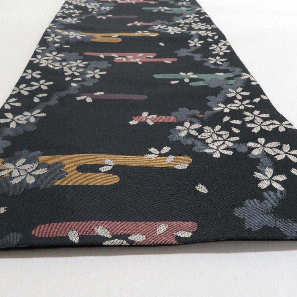 やまと誂製 袋帯 黒地 桜模様 刺繍 正絹 名古屋帯 ポリエステル 京袋帯 黒地 黒色x多色 霞に桜模様 六通柄