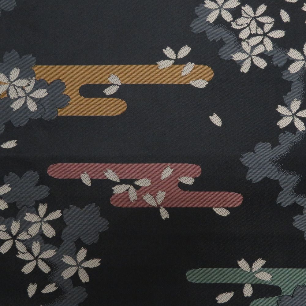 名古屋帯 ポリエステル 京袋帯 黒地 黒色x多色 霞に桜模様 六通柄