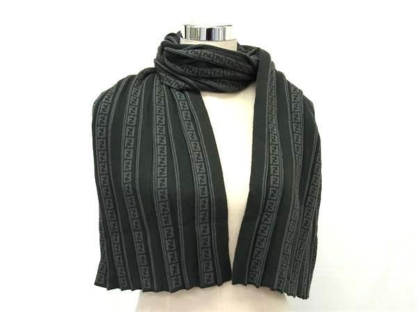 FENDI フェンディ マフラー ズッキーノ ブラック グレー ウール100％ ユニセックス 美品【本物保証】 FENDI フェンディ マフラー ズッキーノ ブラック グレー ウール100