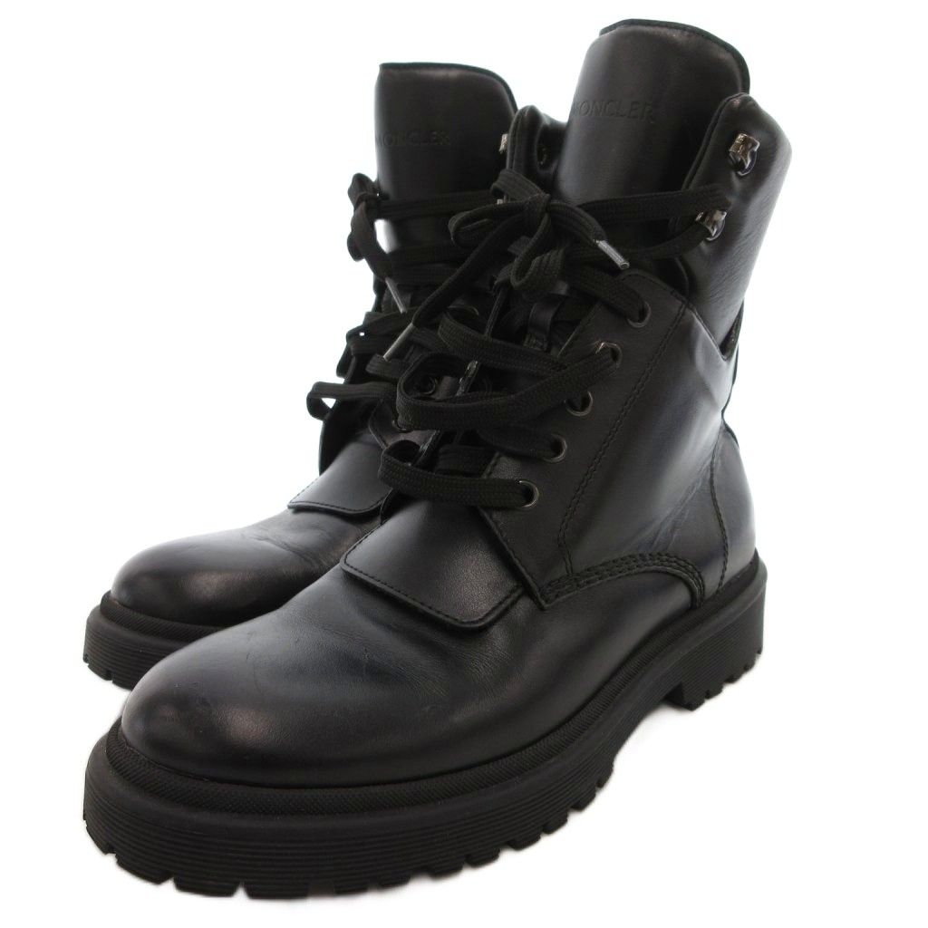 モンクレール MONCLER モックトゥブーツ ショート レザー ロゴ 38.5 黒