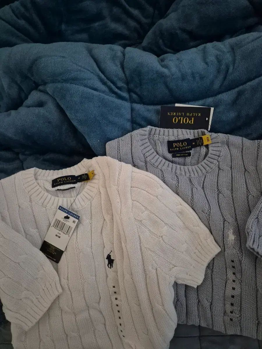 ポロ ラルフローレン ケーブル半袖ニット ホワイト/ブルー M サイズ