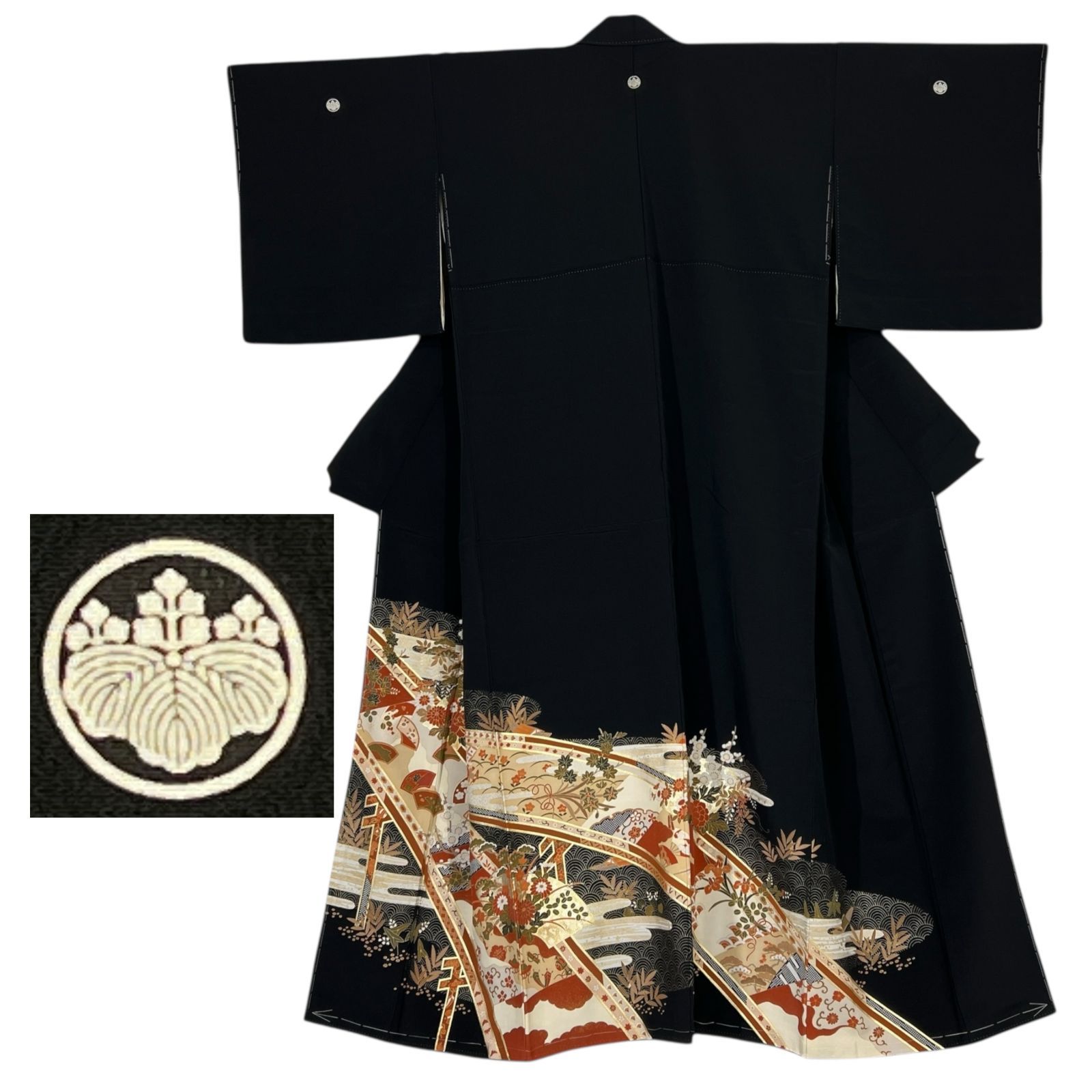 正絹　黒留袖　フルセット(5点) 楽天市場】黒留袖 着物 正絹 フルセット 五三桐 丸なし 家紋入り 小物