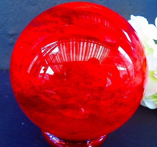 絶品超綺麗K9赤水晶丸玉☆超巨大1.46kg☆125mm台座付tk6492