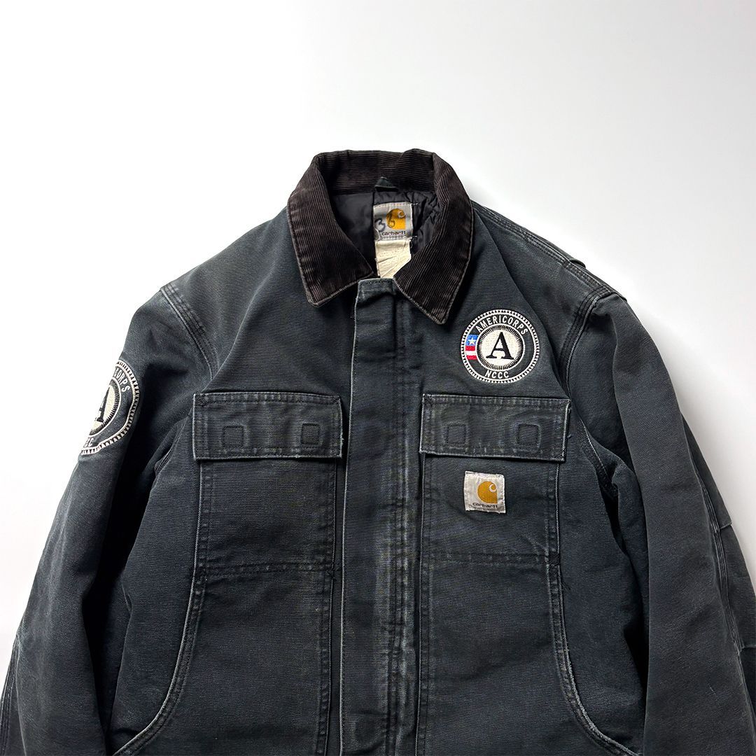【カーハート】トラディショナルコート 企業ロゴ コーデュロイ襟 ネイビー XL 古着 Carhartt/ カーハート/ トラディショナルコート/ 企業ロゴ/ 裏地