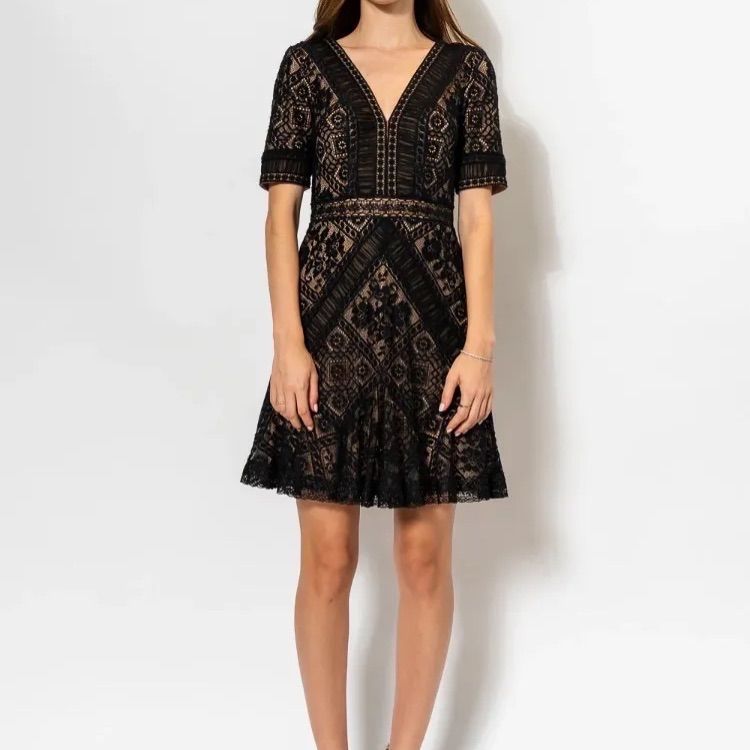 TADASHI SHOJI】総レース Vネック フレアワンピース ブラック 黒 半袖