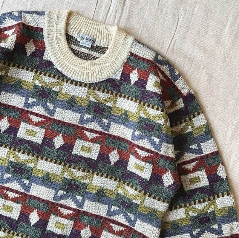 90s　ビンテージ　3Dニット　立体編み　カーディガン　ネイティブ柄　幾何学模様 COOGI クージー 90s オールド オーストラリア製 総柄 長袖 Vネック 3D