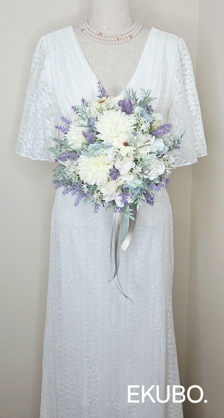 値下げ❣️アーティフィシャルフラワーブーケ　ウェディングブーケ ラベンダーとローズのブーケ】k733 ウェディングブーケ アーティ