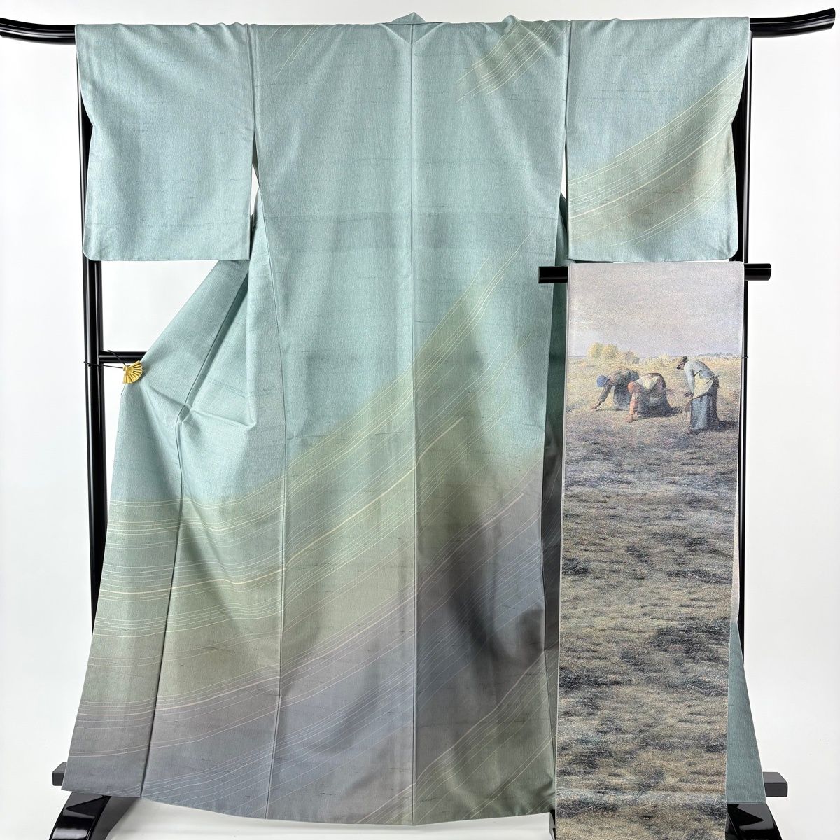 訪問着 身丈166.5cm 裄丈67.5cm L 袷 袋帯セット 紬地 落款 斜縞 青緑