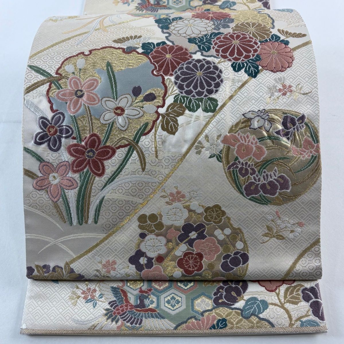 袋帯 秀品 雪輪 草花 金糸 箔 クリーム 六通 正絹 【中古】 - メルカリ