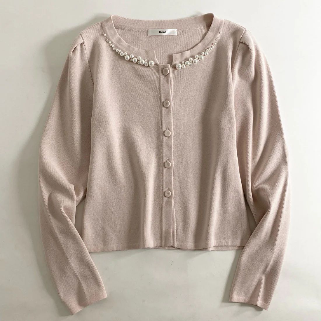 USED】Rene ルネ パールネック カーディガン 34 Sサイズ ピンク 羽織